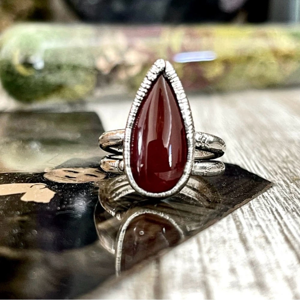 FOXLARK Teardrop Red Carnelian Ring Fine Silver